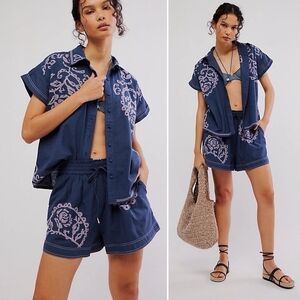 Free People, Summer Love Embroidered Button Front Top In Blue